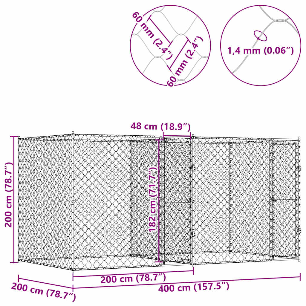 vidaXL Klatka dla psa Srebrny 400 x 200 x 200 cm Stal Galwanizowana