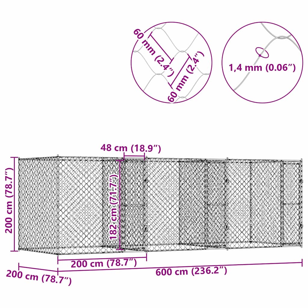 vidaXL Klatka dla psa Srebrny 600 x 200 x 200 cm Stal Galwanizowana