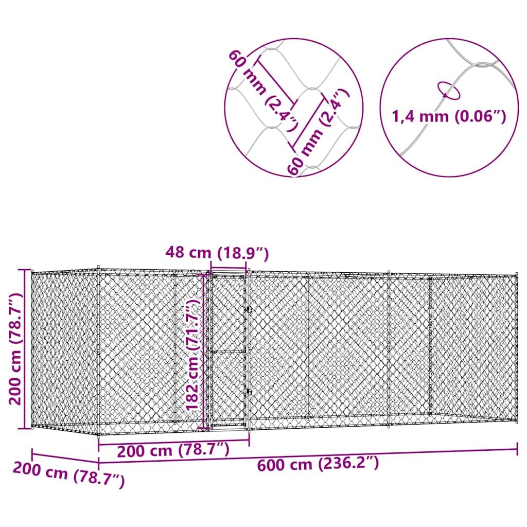 vidaXL Klatka dla psa Srebrny 600 x 200 x 200 cm Stal Galwanizowana