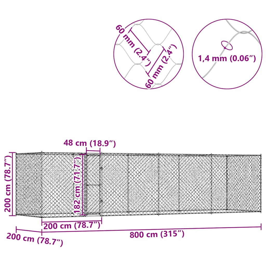 vidaXL Klatka dla psa Srebrny 800 x 200 x 200 cm Stal Galwanizowana