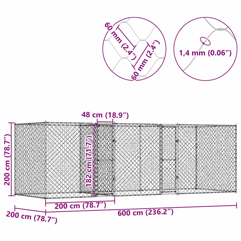 vidaXL Klatka dla psa Srebrny 600 x 200 x 200 cm Stal Galwanizowana