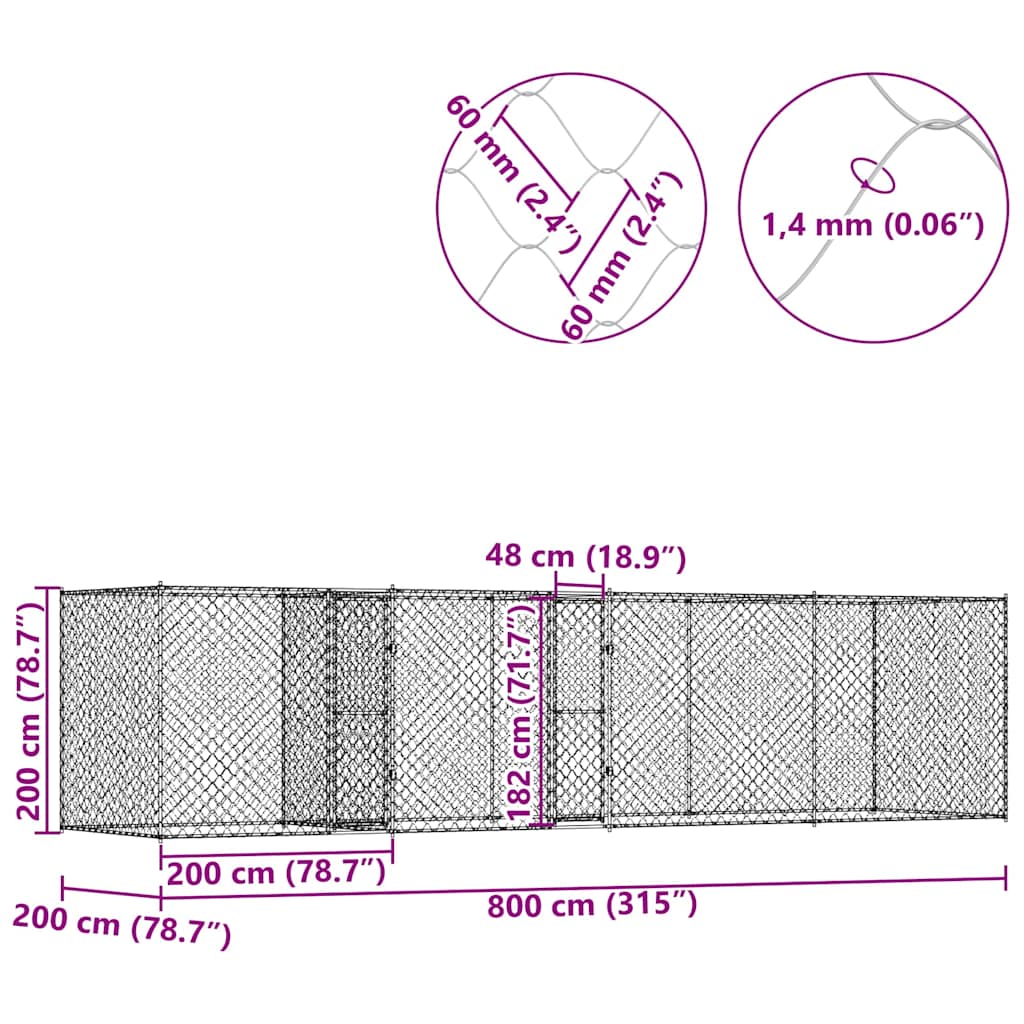 vidaXL Klatka dla psa Srebrny 800 x 200 x 200 cm Stal Galwanizowana