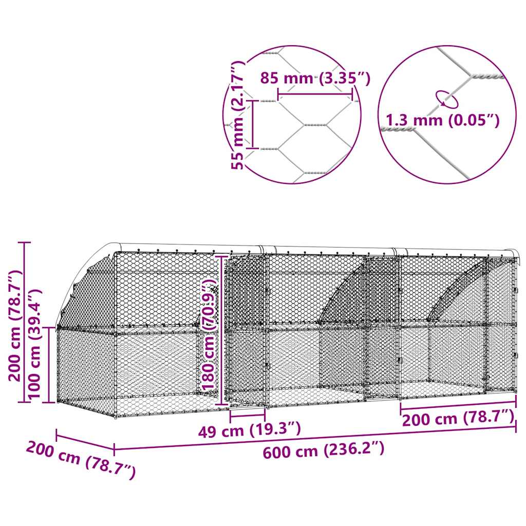 vidaXL Kenel dla Psów 3 pcs Srebrny 6 x 2 x 2 m Stal galwanizowana