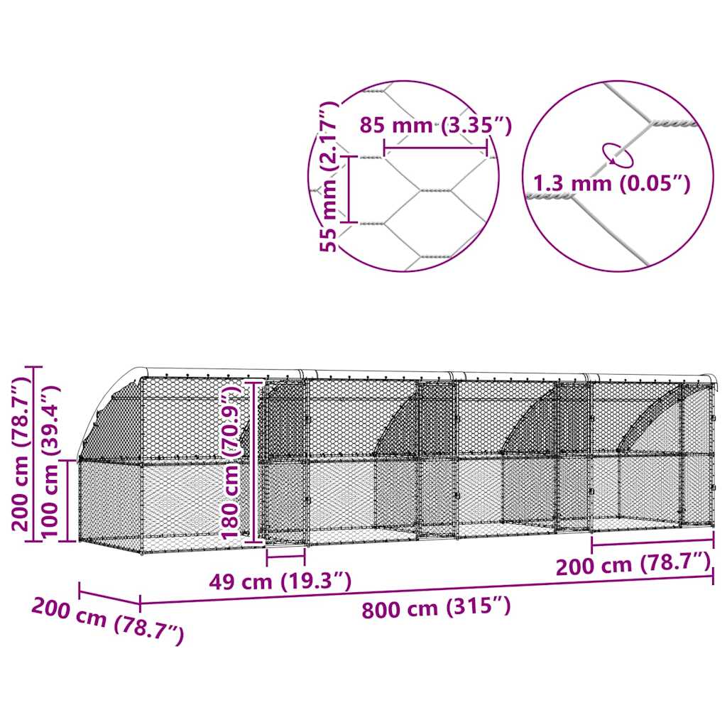 vidaXL Kenel dla Psów 4 pcs Srebrny 8 x 2 x 2 m Stal galwanizowana
