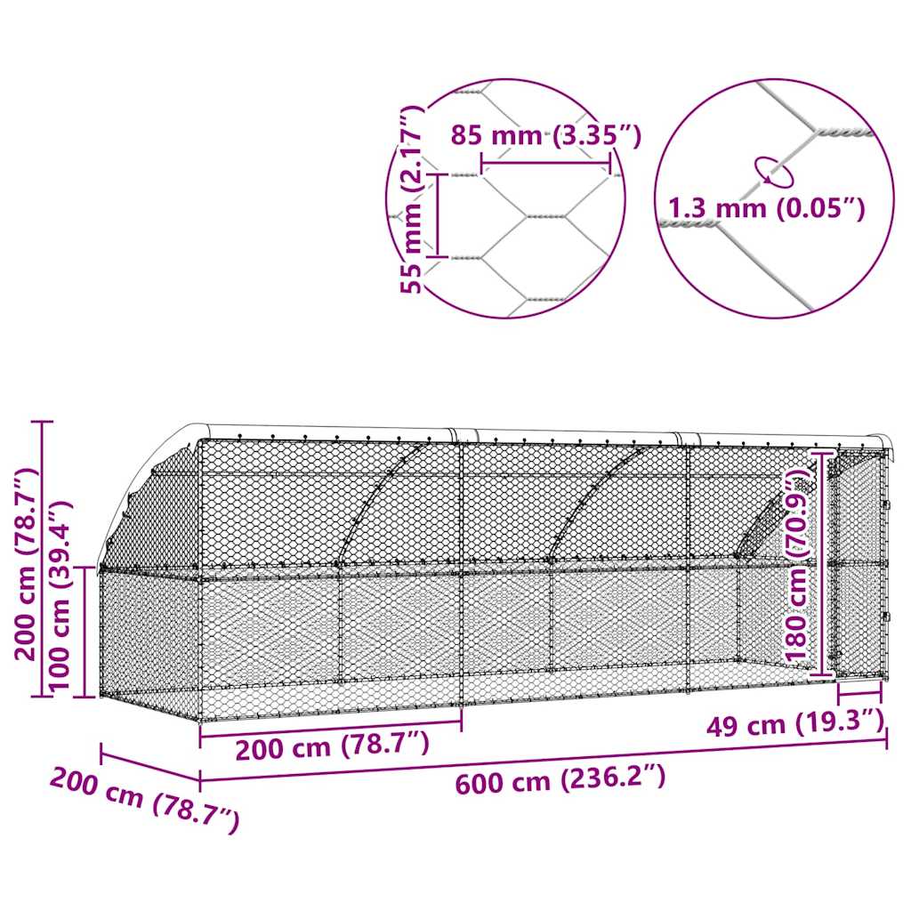 vidaXL Kenel dla Psów 3 pcs Srebrny 6 x 2 x 2 m Stal galwanizowana
