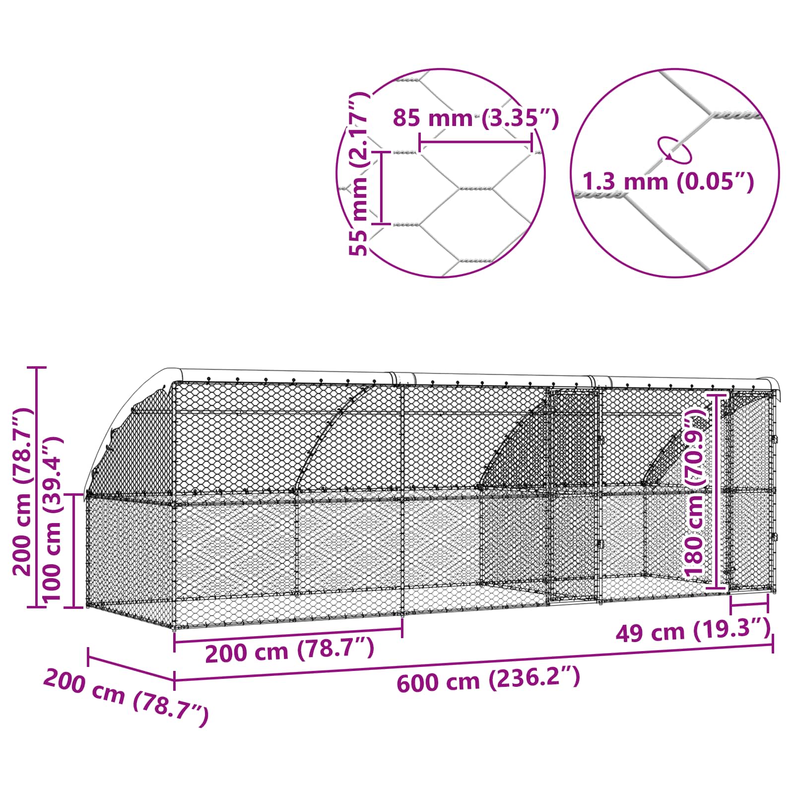 vidaXL Kenel dla Psów 3 pcs Srebrny 6 x 2 x 2 m Stal galwanizowana