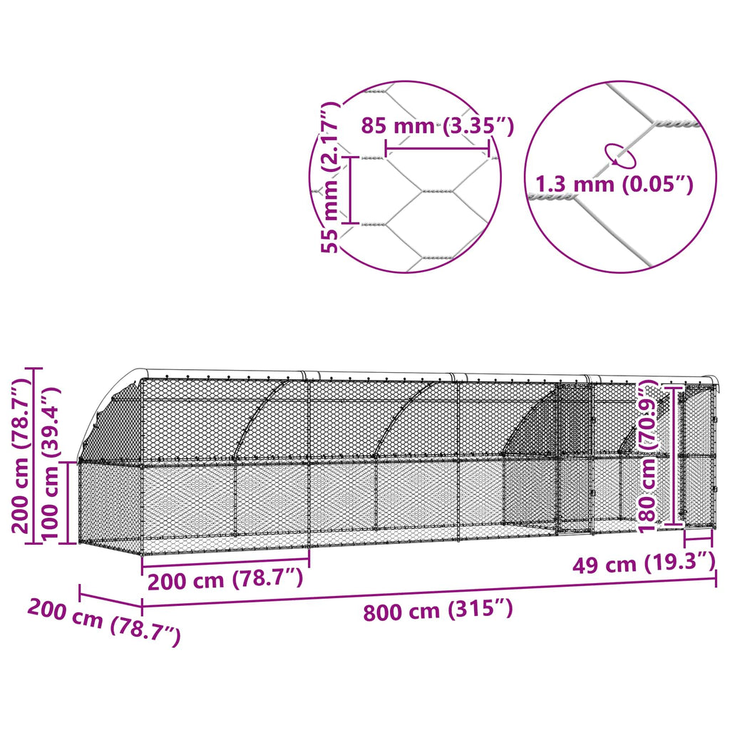 vidaXL Kenel dla Psów 4 pcs Srebrny 8 x 2 x 2 m Stal galwanizowana