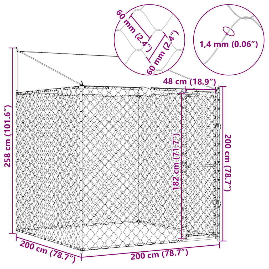 vidaXL Klatka dla psa z dachem Srebrny 200 x 200 x 258 cm Stal i PE