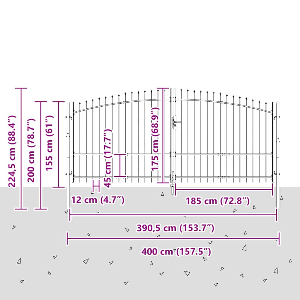 vidaXL Brama Podwójna Z blokadą Woerden Szary 400 x 224,5 cm Stal