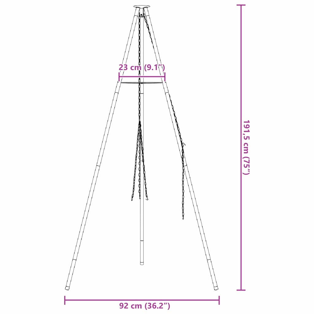 vidaXL Tripod na ognisko Czarny 92 x 92 x 191,5 cm Stal