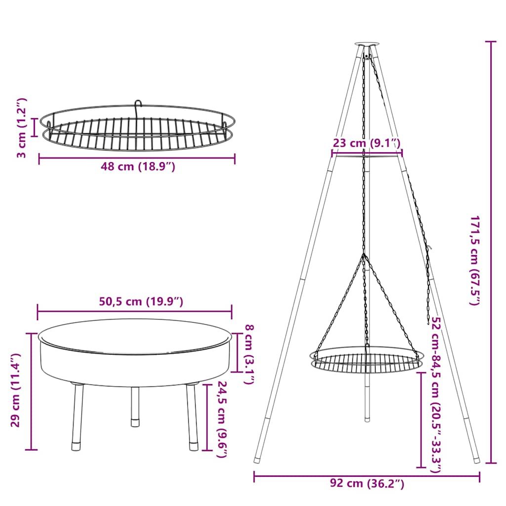 vidaXL Tripod na ognisko 3 pcs Czarny Stal