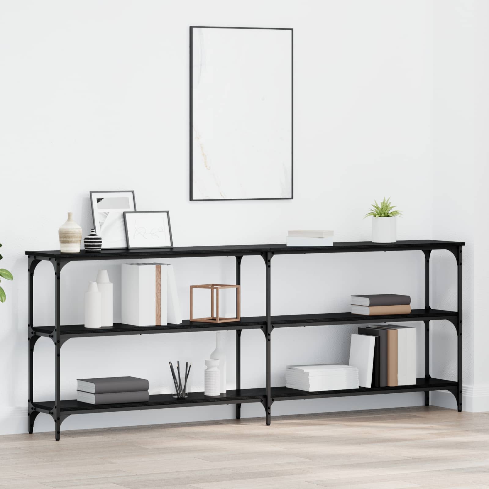 vidaXL Konsola Czarny dąb 200 x 29 x 75 cm Drewno inżynieryjne i metal