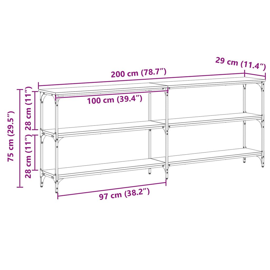 vidaXL Konsola Czarny dąb 200 x 29 x 75 cm Drewno inżynieryjne i metal