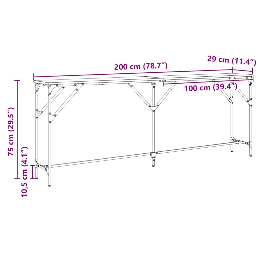 vidaXL Konsola Czarny dąb 200 x 29 x 75 cm Drewno inżynieryjne i metal