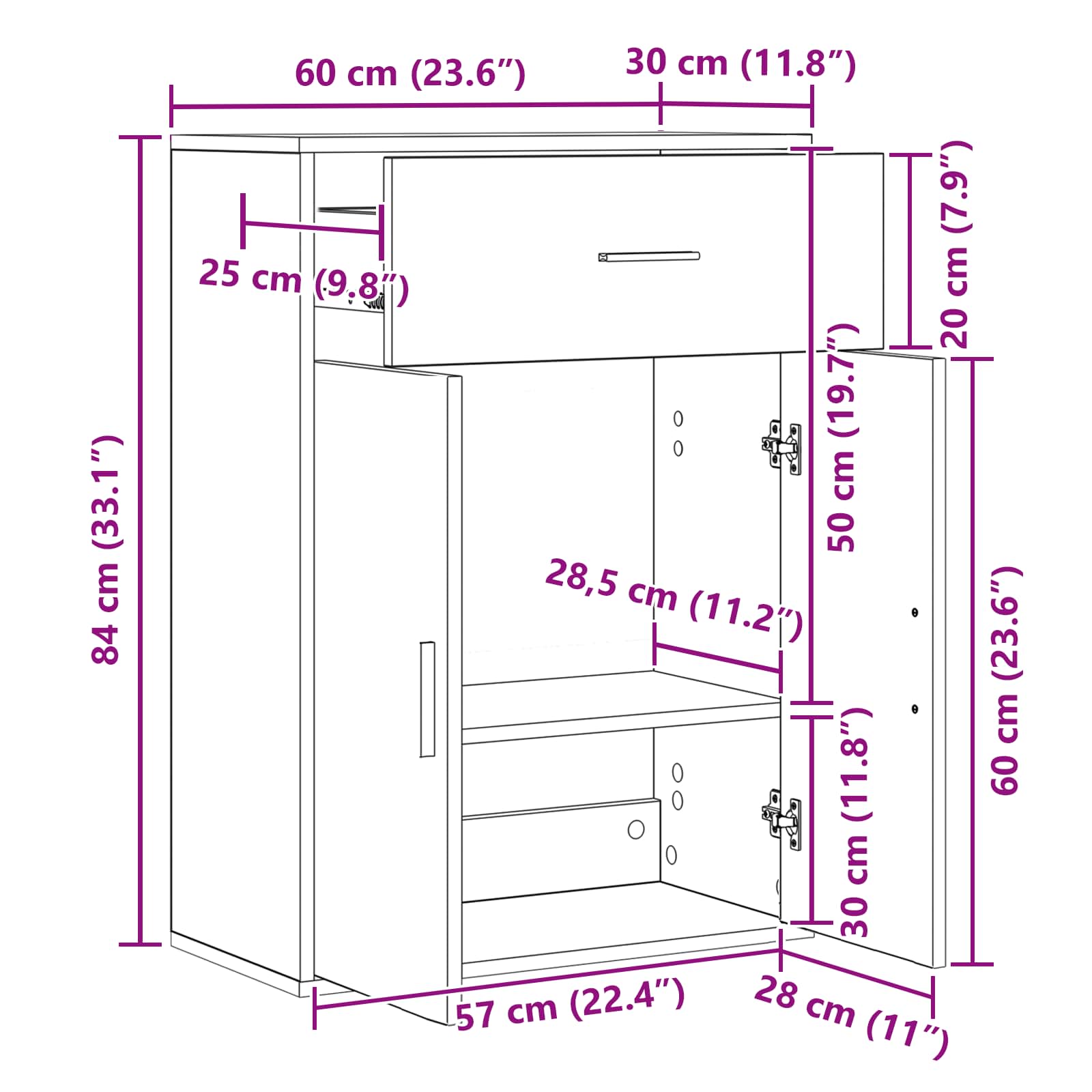 vidaXL Bufet Czarny Dąb 60 x 30 x 84 cm Materiał drewnopochodny