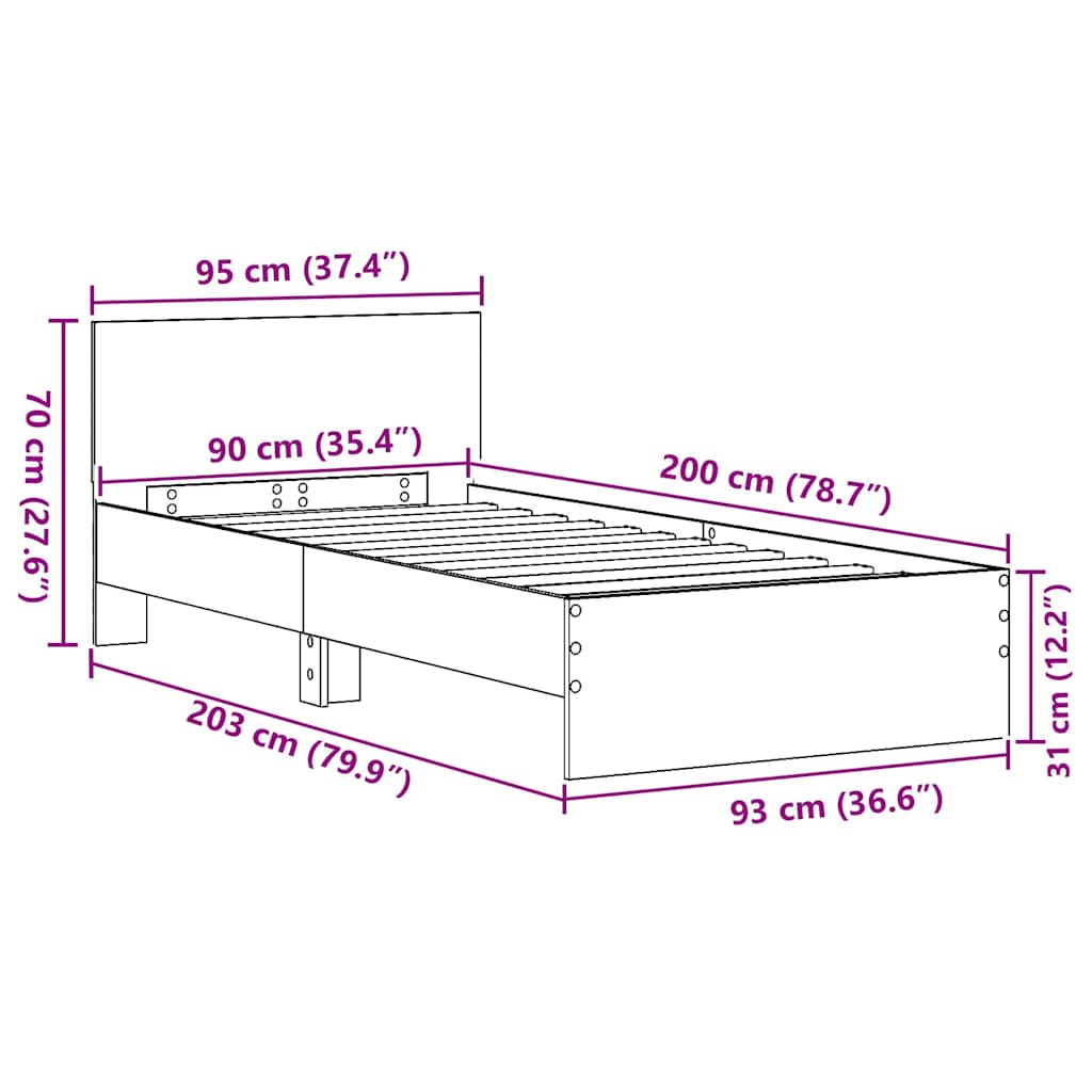 vidaXL Rama łóżka z wezgłowiem Z zagłówkiem Dąb artisan 90 x 200 cm