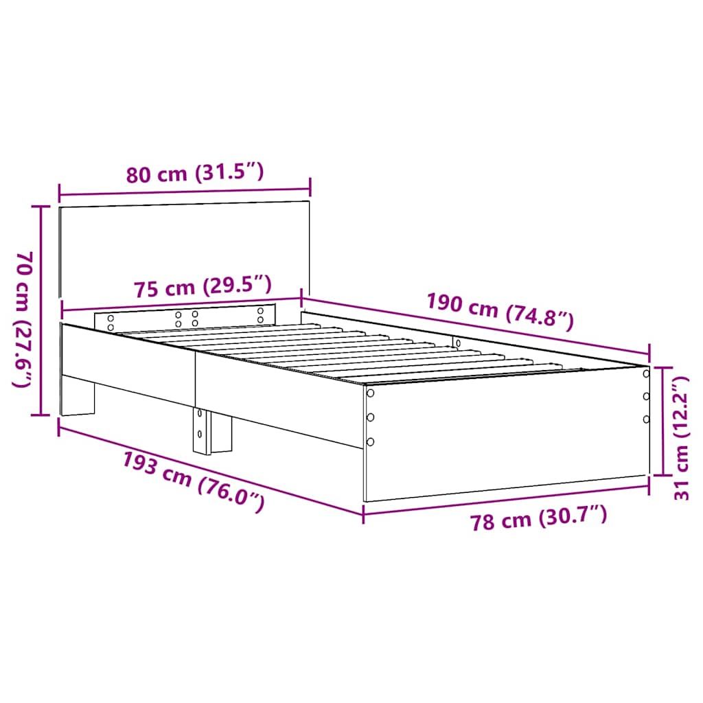 vidaXL Rama łóżka z wezgłowiem Z zagłówkiem Dąb artisan 75 x 190 cm
