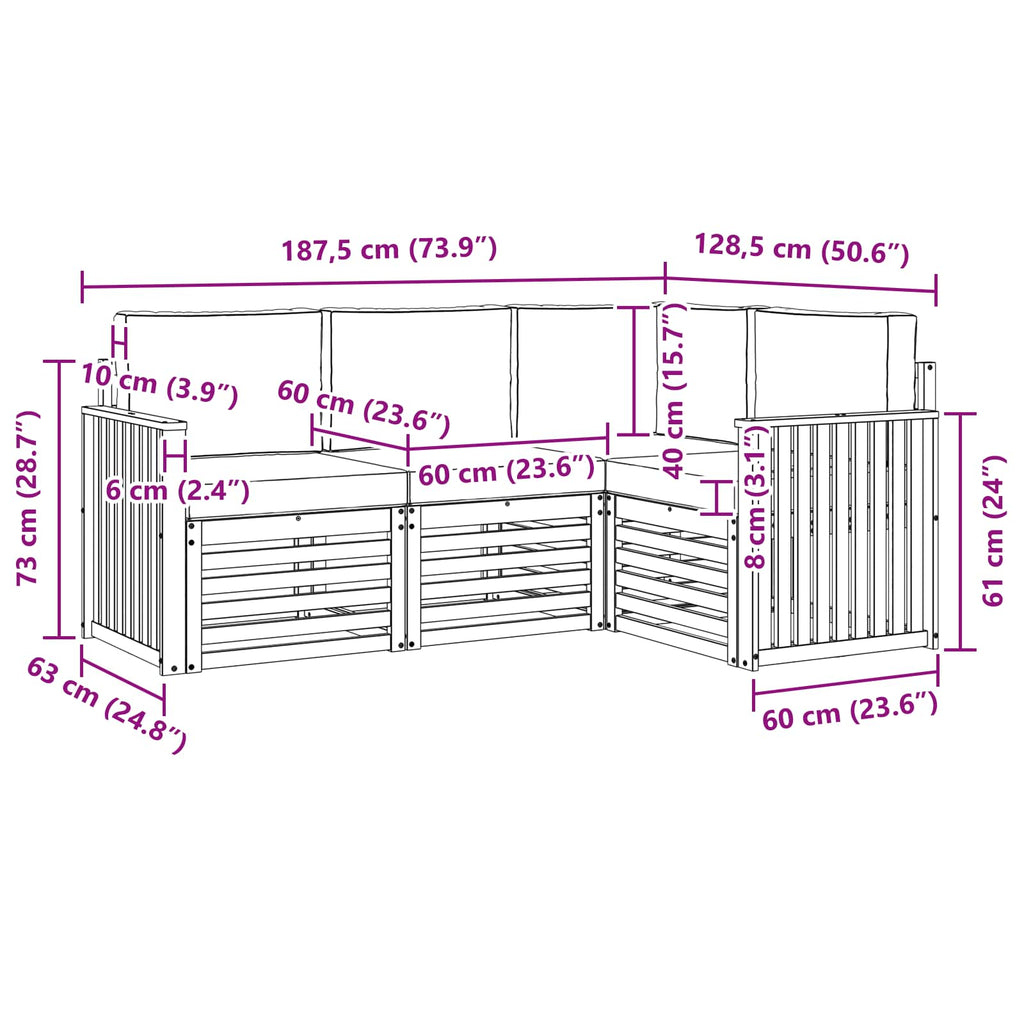 vidaXL Zestawy sof 4 pcs Naturalny i Kremowy Lite Drewno Akacji