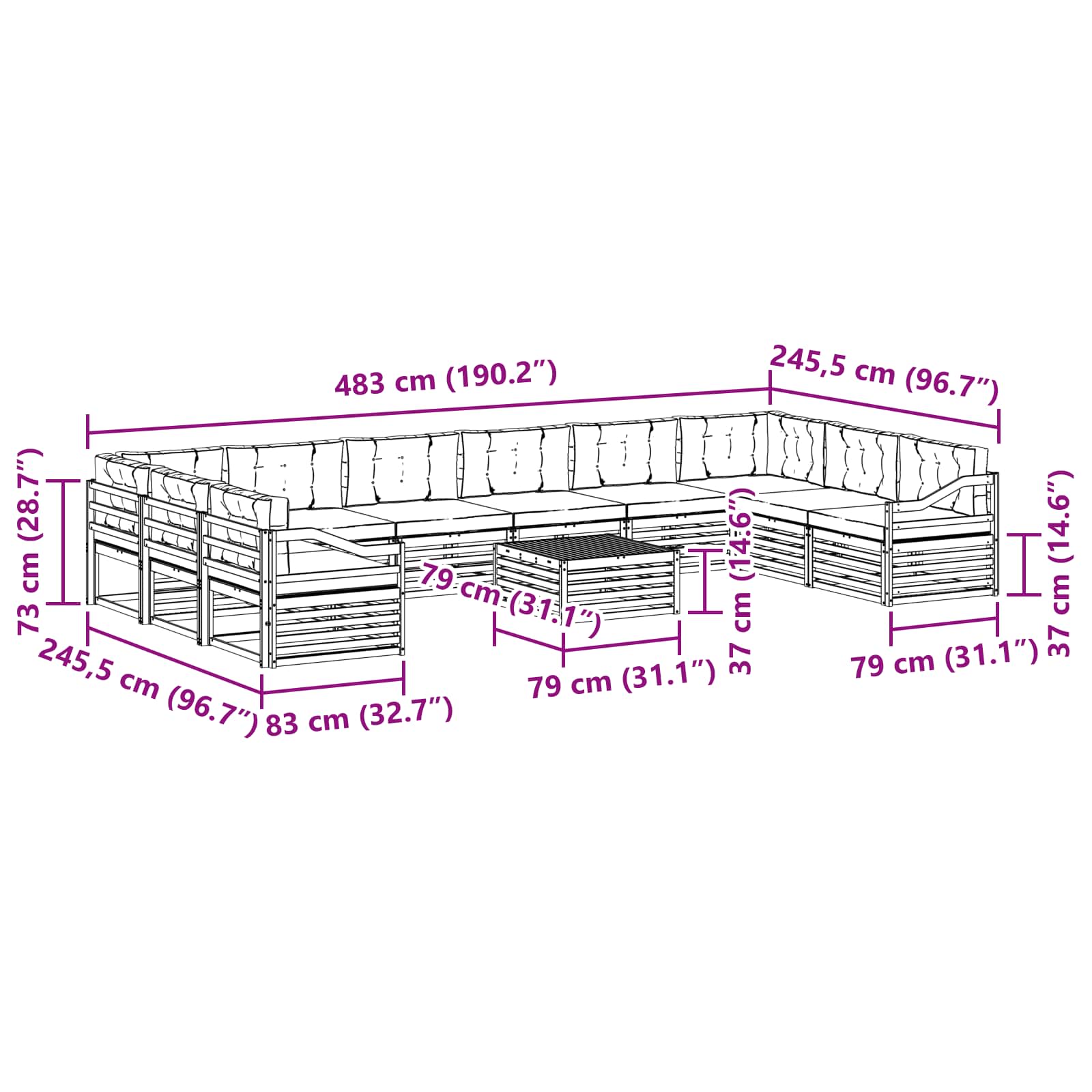 vidaXL Zestawy sof 11 pcs Naturalny i Antracytowy Lite Drewno Akacji
