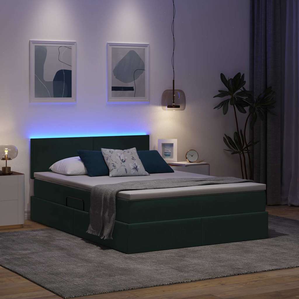 vidaXL Łóżko z funkcją przechowywania LED z materacem Ciemnozielony
