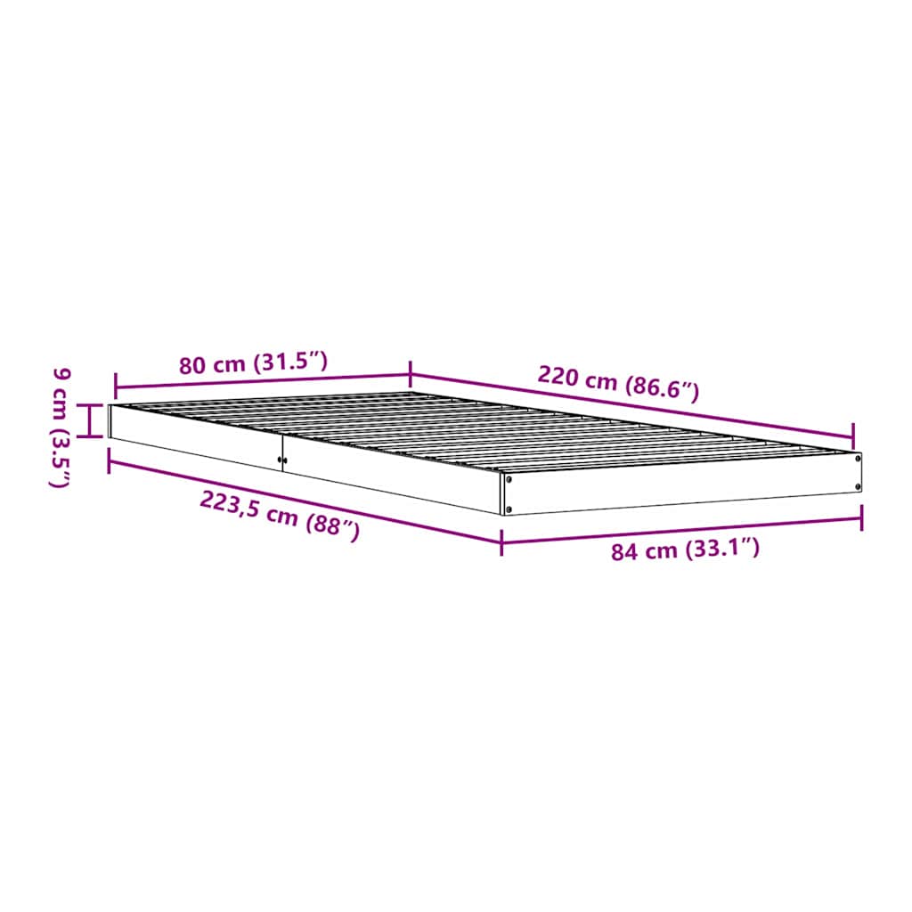 vidaXL Stelaż łóżkowy Naturalny 80 x 220 cm Lite drewno sosnowe