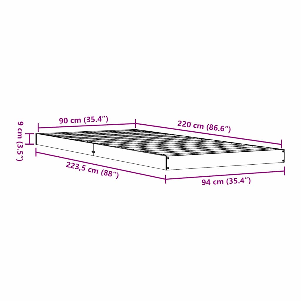 vidaXL Stelaż łóżkowy Biały 90 x 220 cm Lite drewno sosnowe