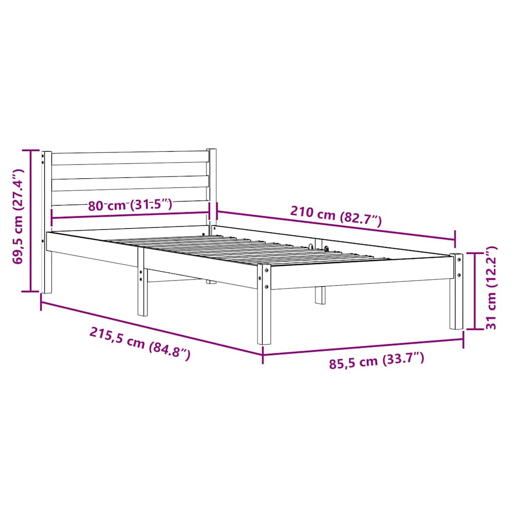 vidaXL Ramka łóżka Brązowy 215,5 x 85,5 x 69,5 cm Lite drewno sosnowe