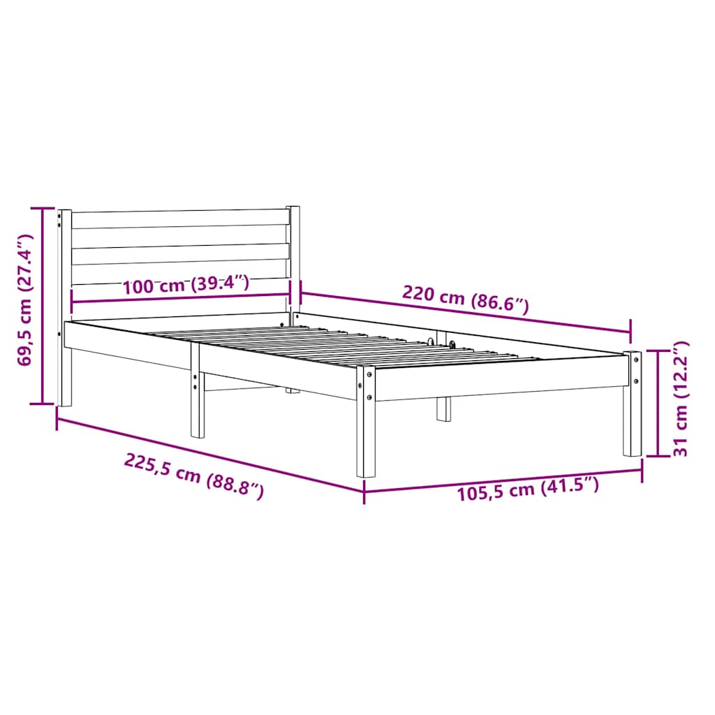 vidaXL Ramka łóżka Biały 225,5 x 105,5 x 69,5 cm Lite drewno sosnowe