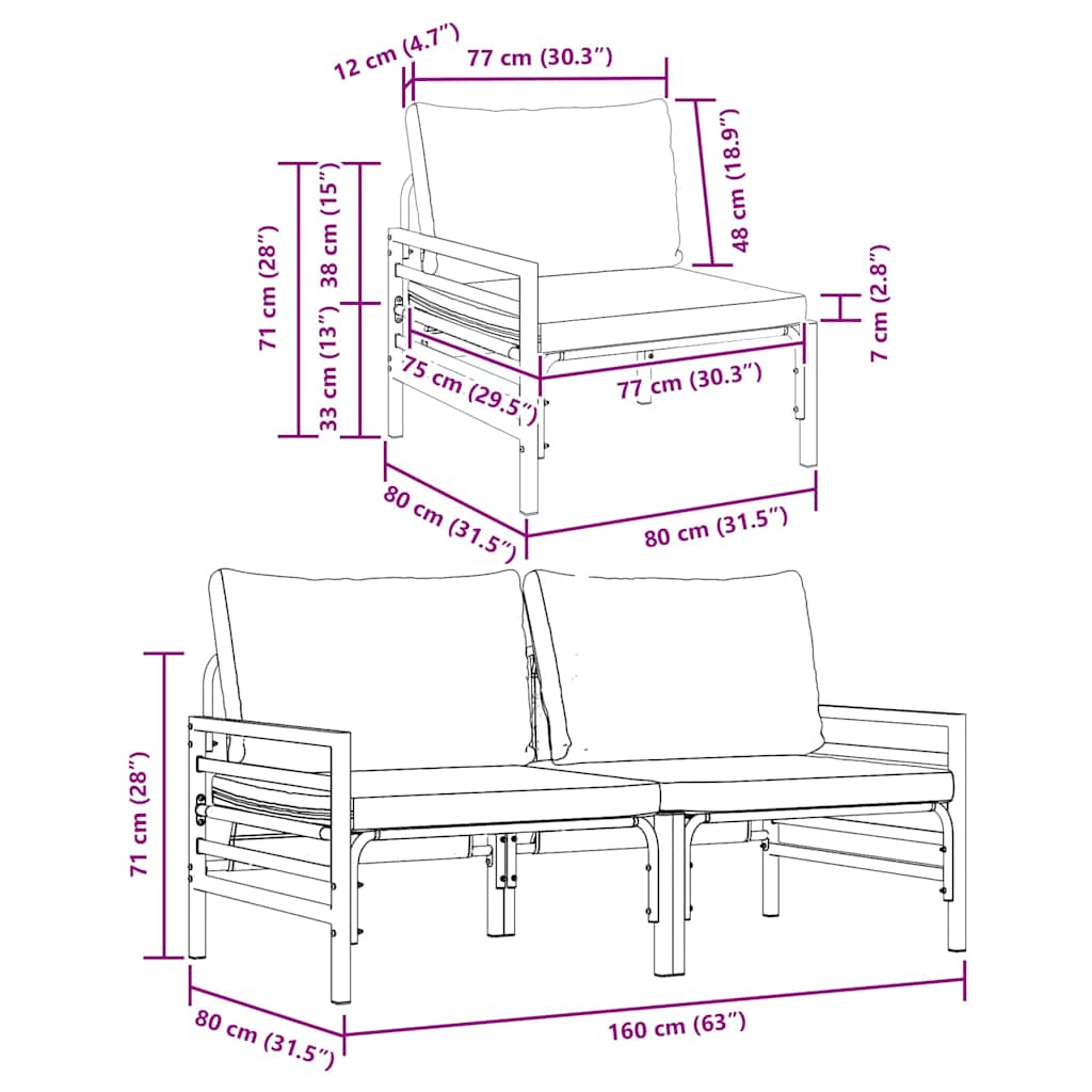 vidaXL Meble Ogrodowe 2 Sztuka Antracyt 80 x 80 x 71 cm Stal