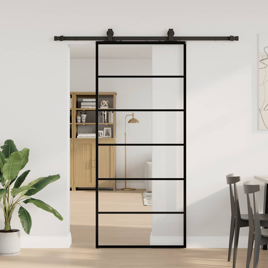 vidaXL Drzwi przesuwne z zestawem okuć czarne 90x205 cm ESG szkło