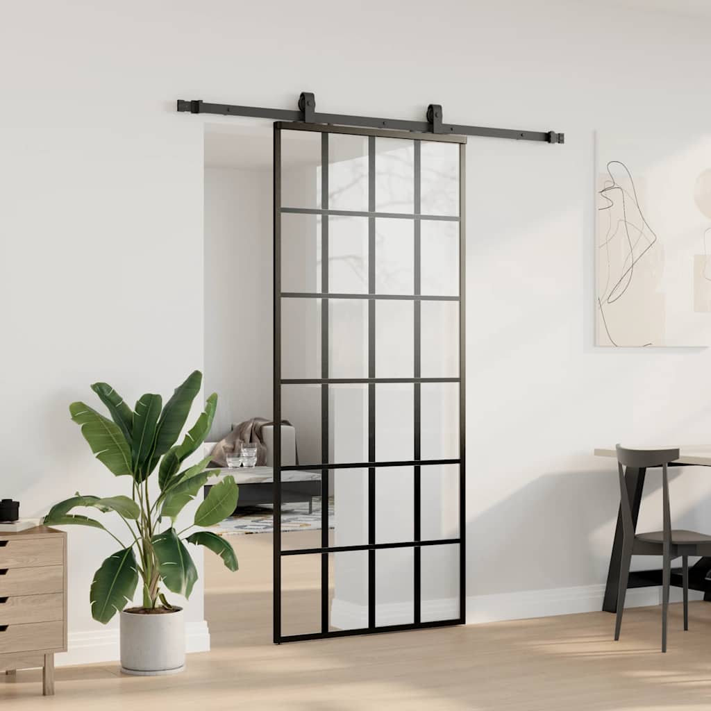 vidaXL Drzwi przesuwne z zestawem okuć czarne 90x205 cm ESG szkło