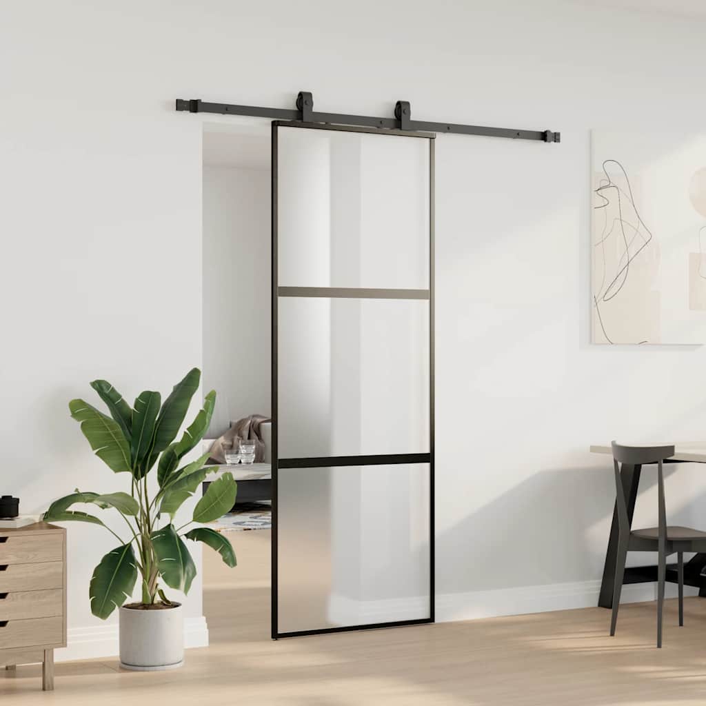 vidaXL Drzwi przesuwne z zestawem okuć czarne 76x205cm szkło hartowane