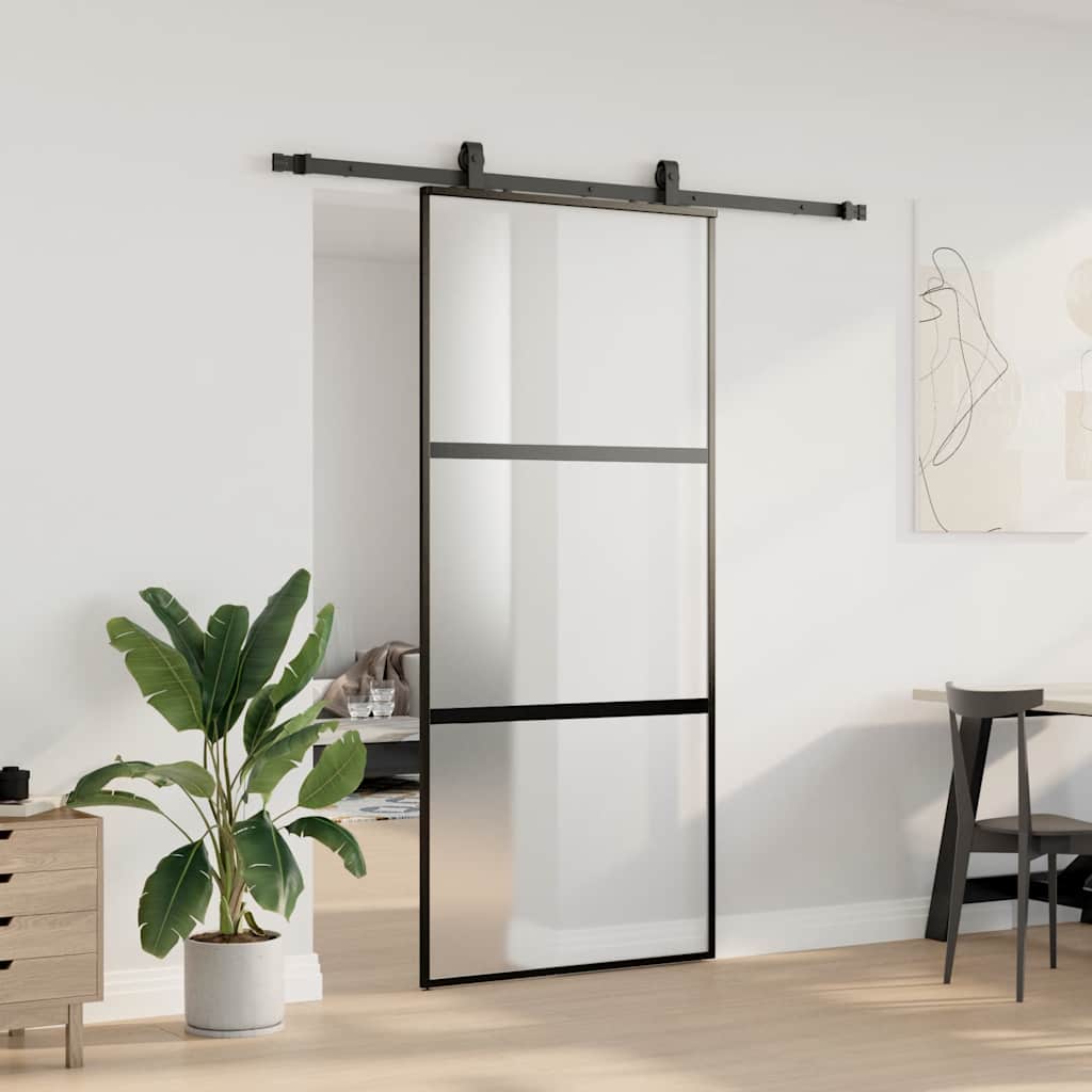 vidaXL Drzwi przesuwne z zestawem okuć czarne 90x205cm szkło hartowane