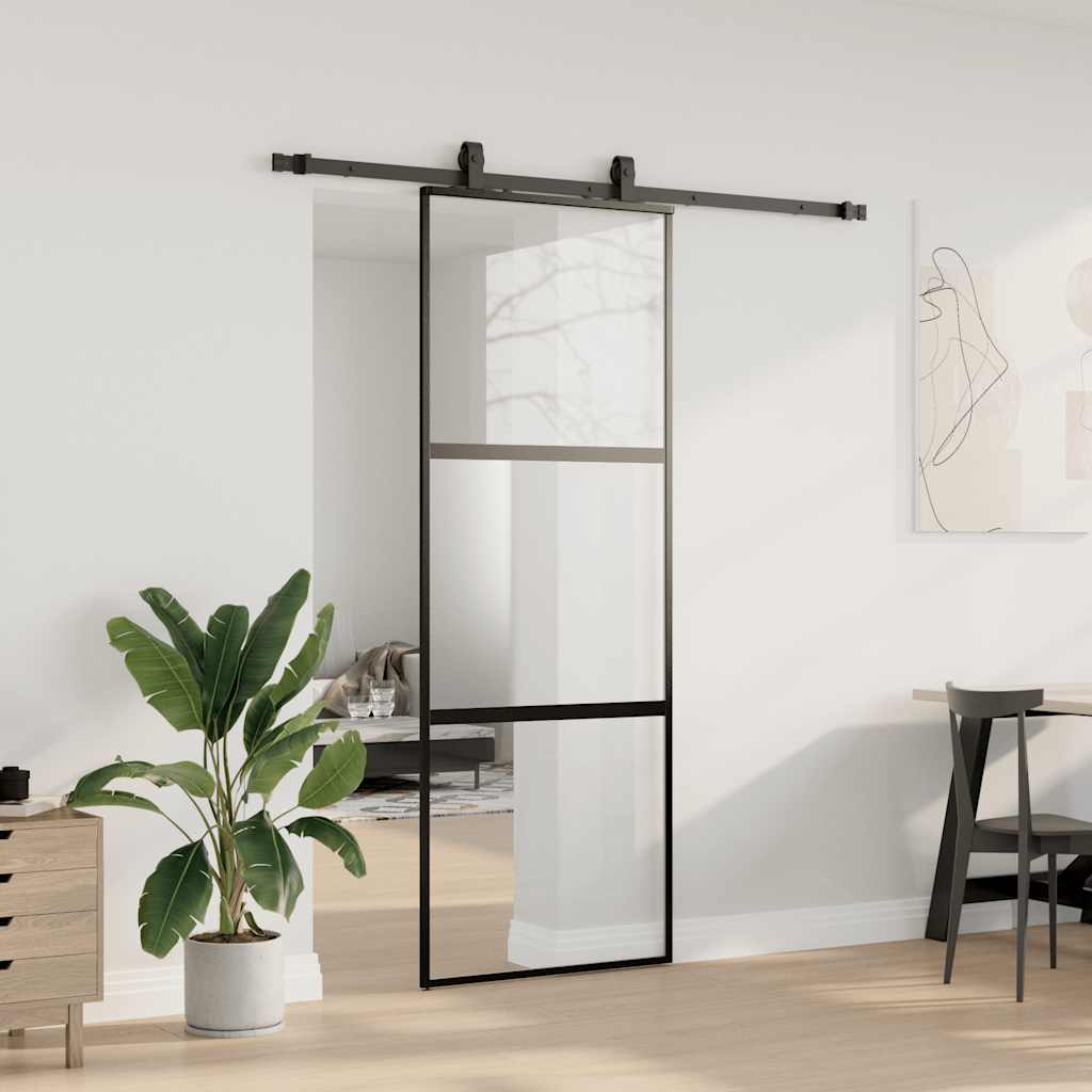 vidaXL Drzwi przesuwne z zestawem okuć czarne 76x205cm szkło hartowane