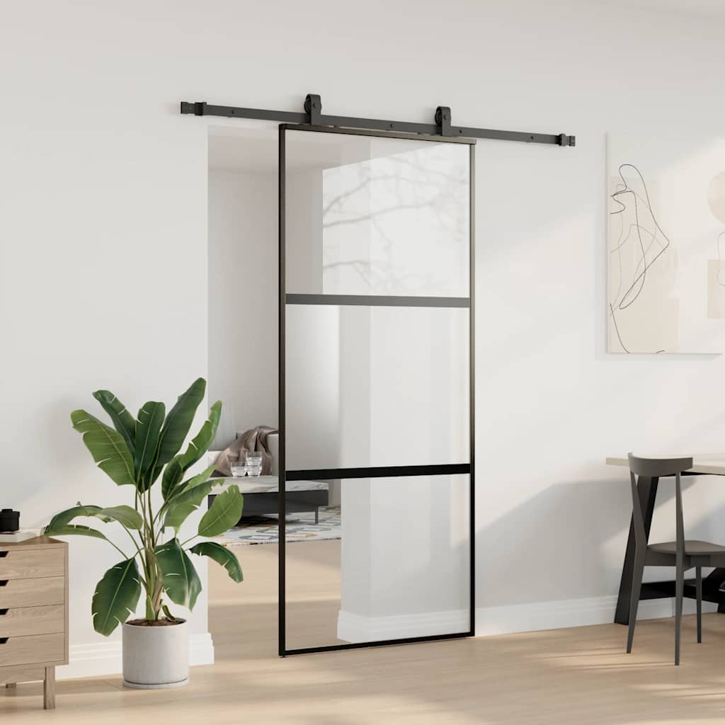 vidaXL Drzwi przesuwne z zestawem okuć czarne 90x205cm szkło hartowane
