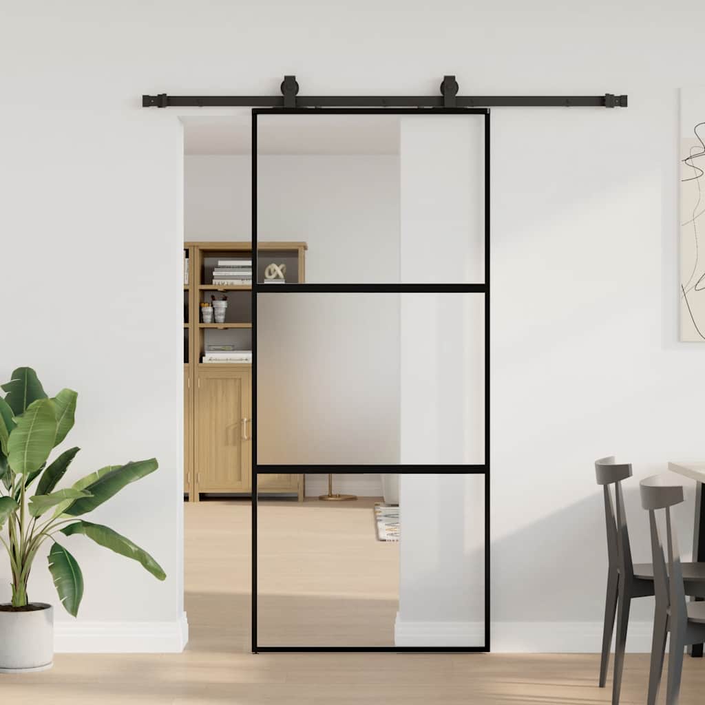 vidaXL Drzwi przesuwne z zestawem okuć czarne 90x205cm szkło hartowane