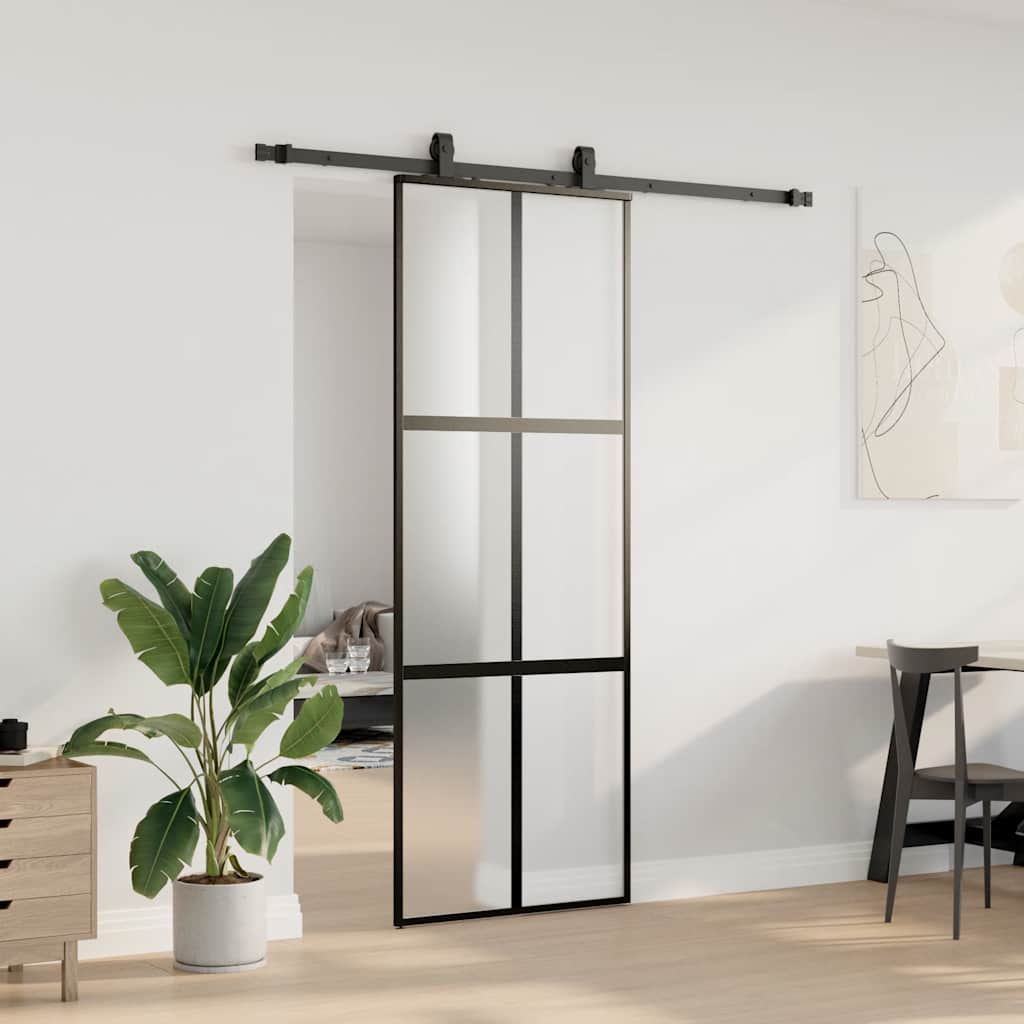 vidaXL Drzwi przesuwne z zestawem okuć czarne 76x205cm szkło hartowane
