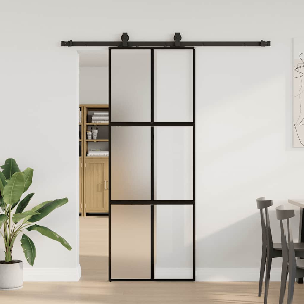 vidaXL Drzwi przesuwne z zestawem okuć czarne 76x205cm szkło hartowane