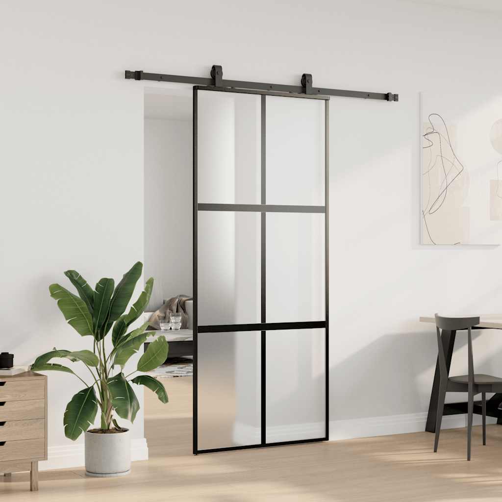 vidaXL Drzwi przesuwne z zestawem okuć czarne 90x205cm szkło hartowane