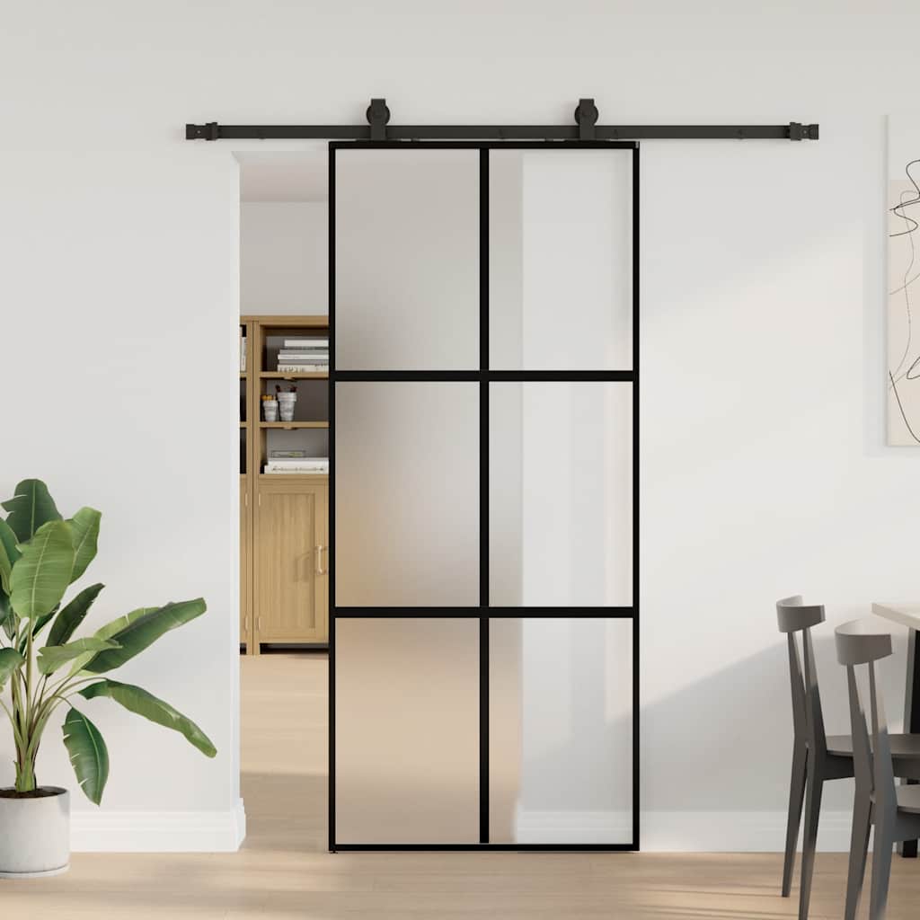 vidaXL Drzwi przesuwne z zestawem okuć czarne 90x205cm szkło hartowane