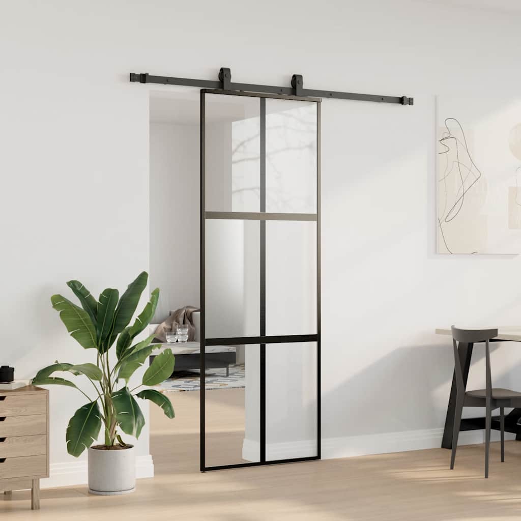 vidaXL Drzwi przesuwne z zestawem okuć czarne 76x205cm szkło hartowane