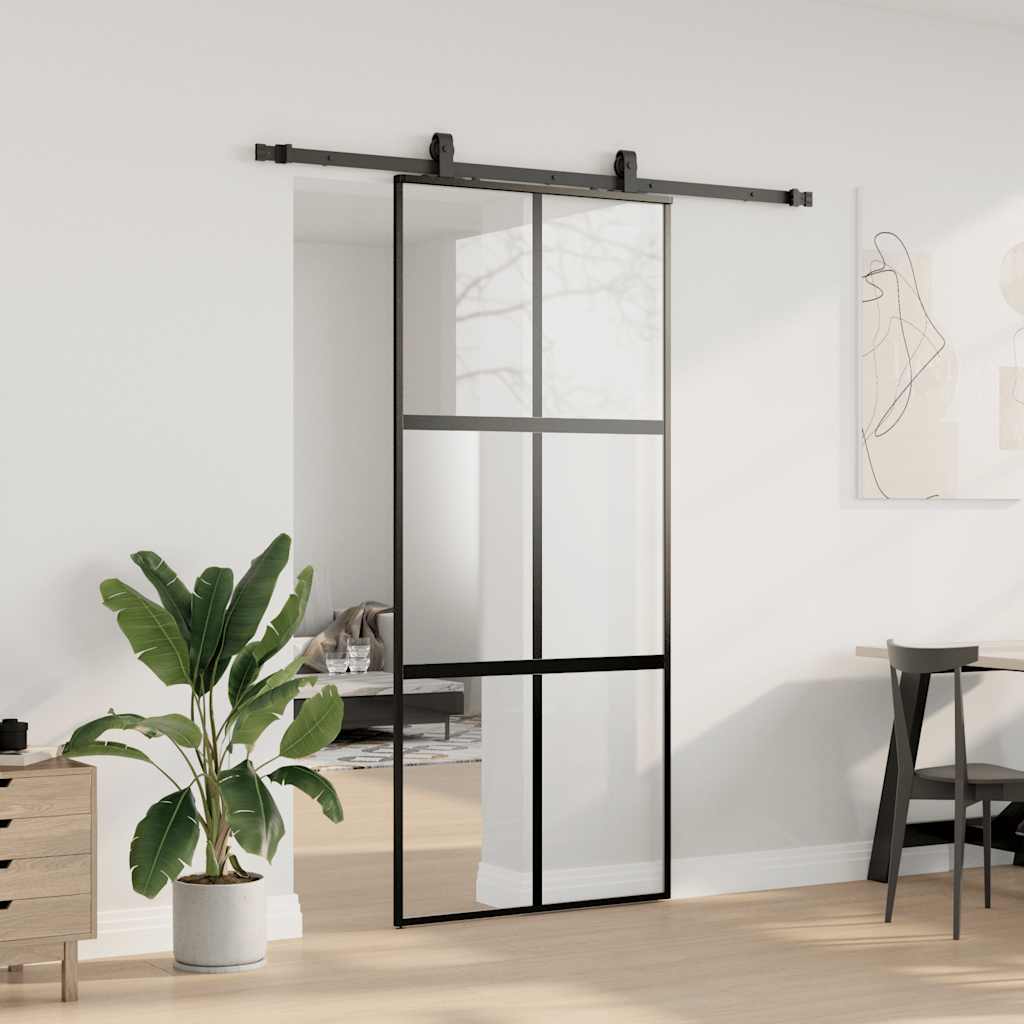 vidaXL Drzwi przesuwne z zestawem okuć czarne 90x205cm szkło hartowane
