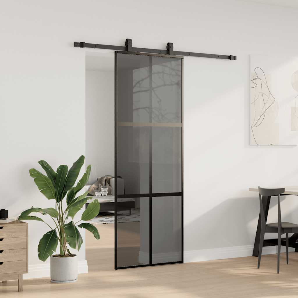 vidaXL Drzwi przesuwne z zestawem okuć czarne 76x205cm szkło hartowane