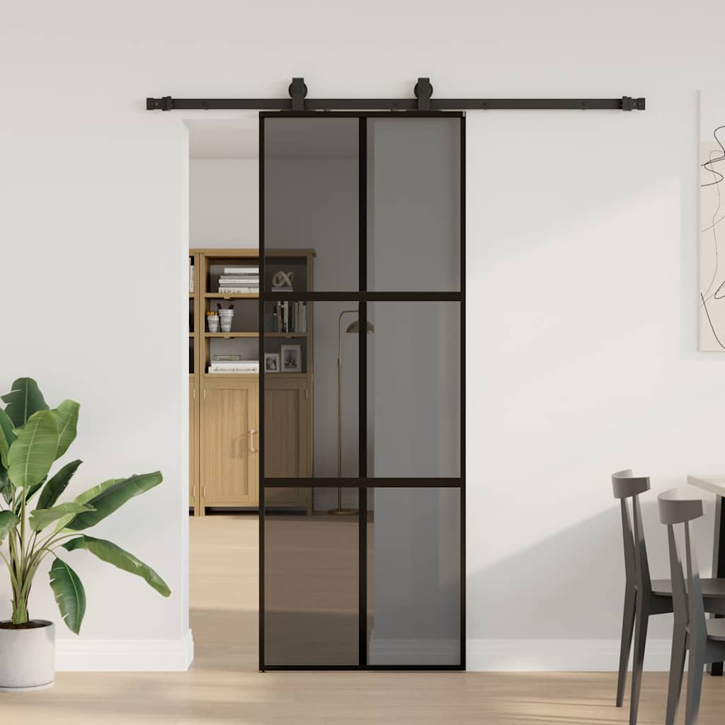 vidaXL Drzwi przesuwne z zestawem okuć czarne 76x205cm szkło hartowane