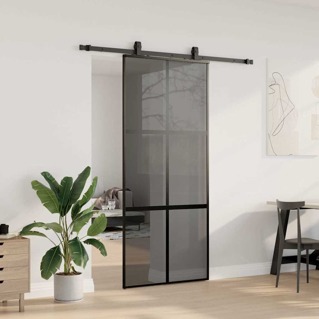 vidaXL Drzwi przesuwne z zestawem okuć czarne 90x205cm szkło hartowane