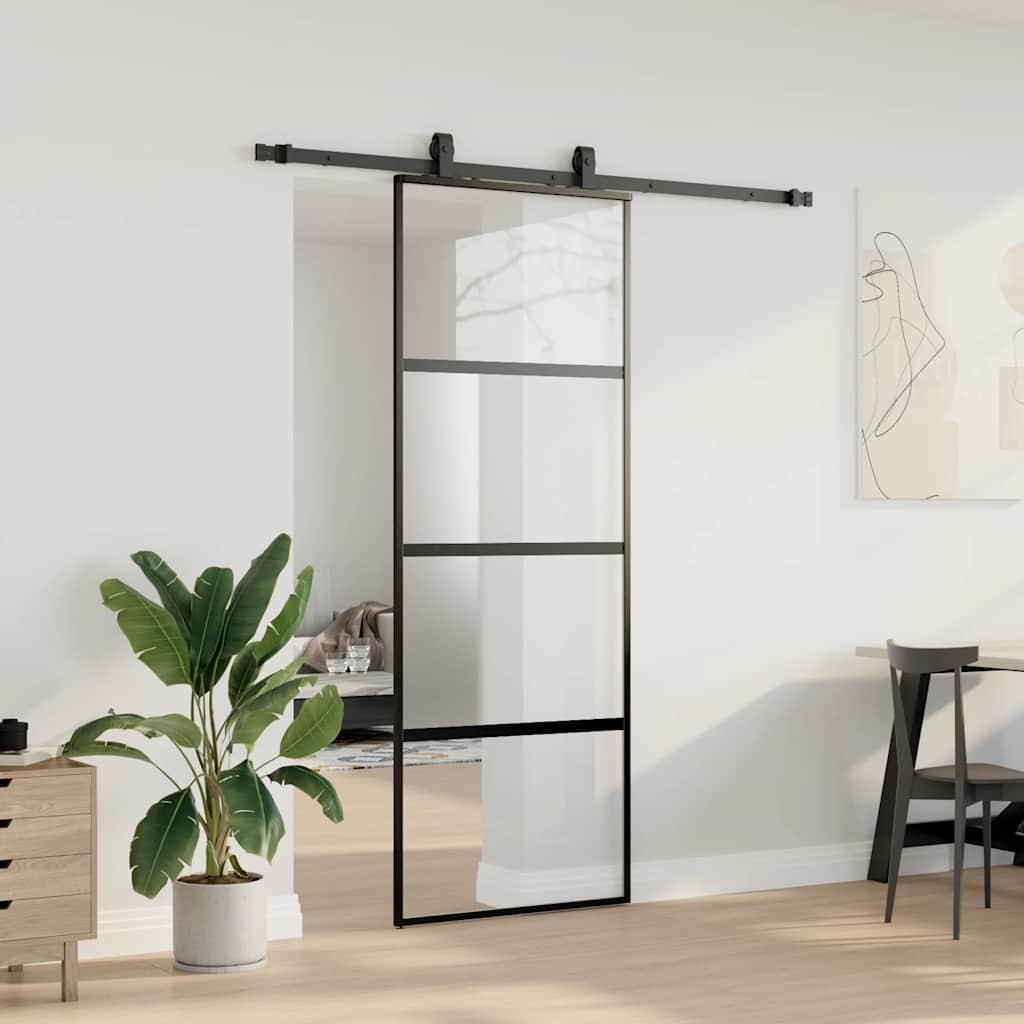 vidaXL Drzwi przesuwne z zestawem okuć czarne 76x205cm szkło hartowane