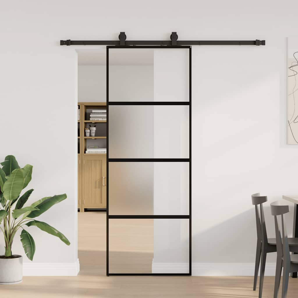 vidaXL Drzwi przesuwne z zestawem okuć czarne 76x205cm szkło hartowane