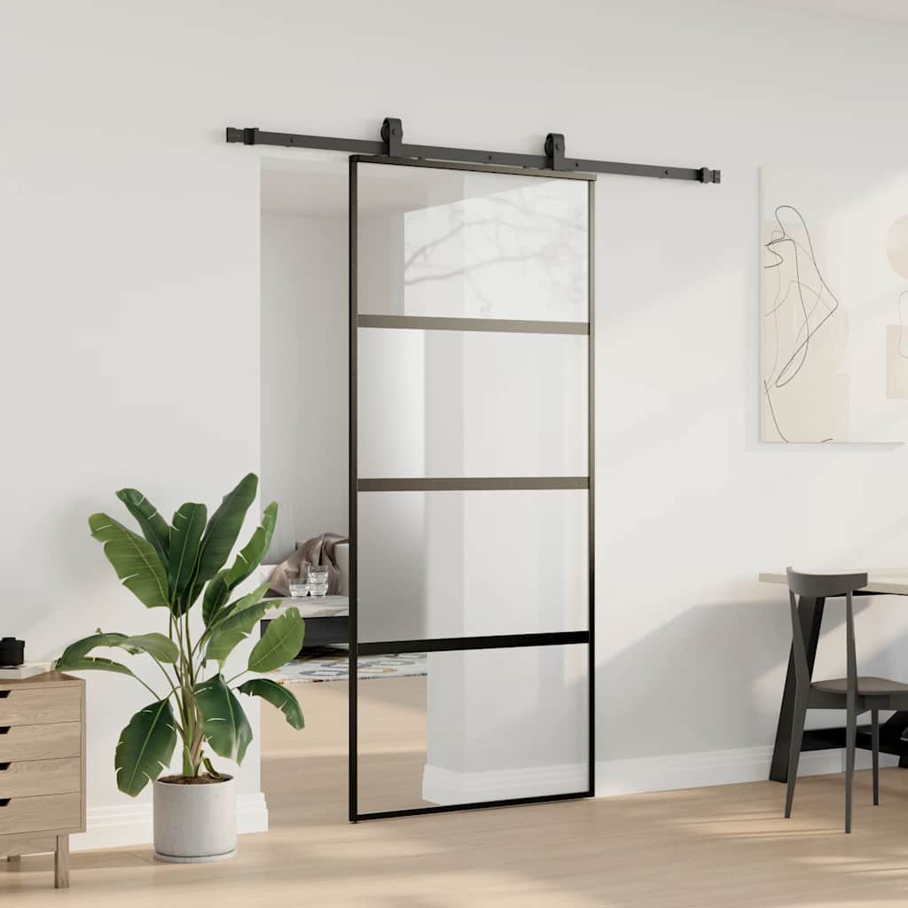 vidaXL Drzwi przesuwne z zestawem okuć czarne 90x205cm szkło hartowane