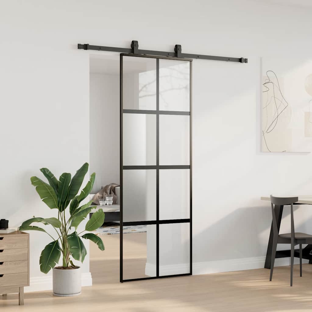 vidaXL Drzwi przesuwne z zestawem okuć czarne 76x205cm szkło hartowane