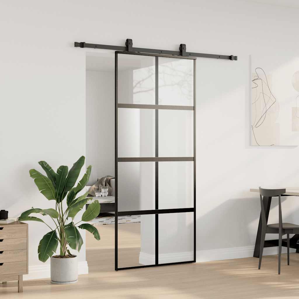 vidaXL Drzwi przesuwne z zestawem okuć czarne 90x205cm szkło hartowane